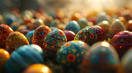 Many colorful painted eggs scattered on the ground, creating a vibrant and festive display.

