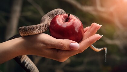 Bible Story: Genesis: First Sin: Woman Takes The Apple From The Snake. Eve Takes the Fruit in Garden of Eden.