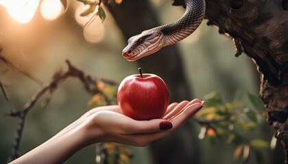 Bible Story: Genesis: First Sin: Woman Takes The Apple From The Snake. Eve Takes the Fruit in Garden of Eden.