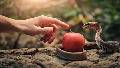 Bible Story: Genesis: First Sin: Woman Takes The Apple From The Snake. Eve Takes the Fruit in Garden of Eden.
