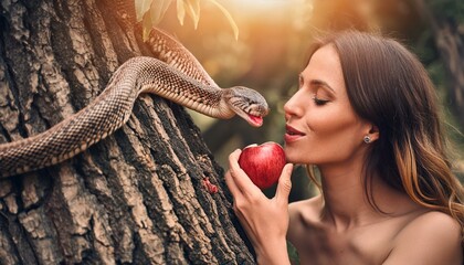 Bible Story: Genesis: First Sin: Woman Takes The Apple From The Snake. Eve Takes the Fruit in Garden of Eden.