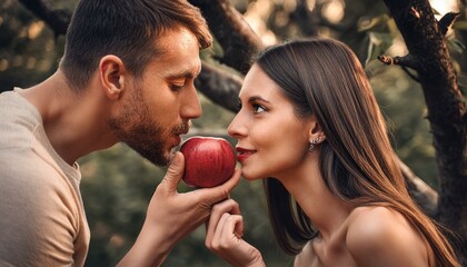 Bible Story: Genesis: First Sin: Woman Takes The Apple From The Snake. Eve Takes the Fruit in Garden of Eden.