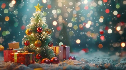 festive christmas tree with colorful gifts and ornaments bokeh lights background 3d illustration