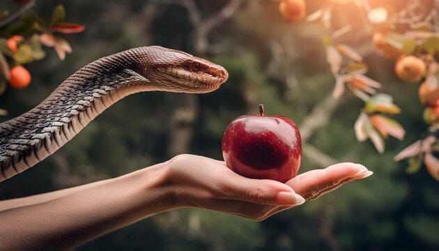 Bible Story: Genesis: First Sin: Woman Takes The Apple From The Snake. Eve Takes the Fruit in Garden of Eden.