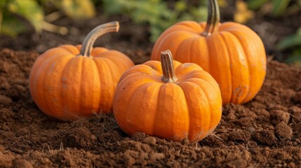 Orange pumpkins arranged on brown soil