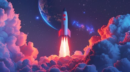 Rocket Launch Through Colorful Clouds