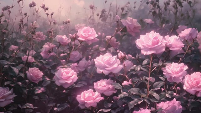 Amidst the tangled thorns and ly vines a field of ghostly roses blooms in shades of pale pink and lavender. Each blossom emits a faint otherworldly glow and emits a haunting perfume.