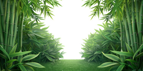 A serene bamboo forest pathway with lush green foliage, perfect for nature backgrounds or tranquil scenes. High-resolution stock photo.