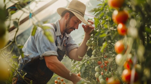 Farmer inspecting ripe tomatoes in a greenhouse