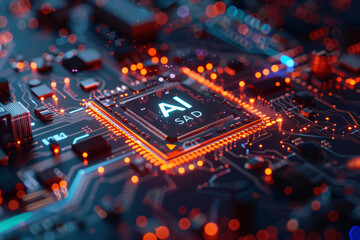 Obraz premium 3D render of a chip with a glowing brain on a circuit board, with the text 