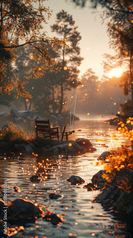 Sticker Relaxing chairs and fishing rods by the river in the forest