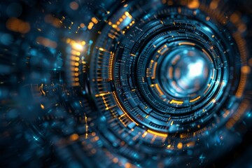 Futuristic blue cyber tunnel with glowing digital elements