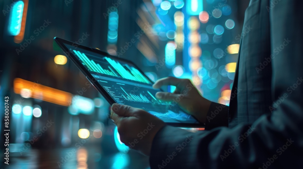 Sticker the tablet with glowing charts