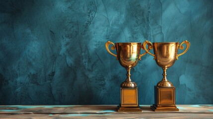 Two Golden Trophies on a Wooden Table Against a Blue Background