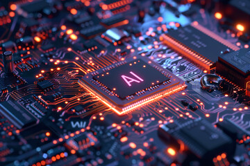 3D render of a chip with a glowing brain on a circuit board, with the text "AI" and a blue color. A high tech artificial intelligence concept.