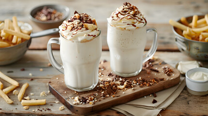 Fast food vegan milkshakes served with a side of fries, presented on a rustic wooden board