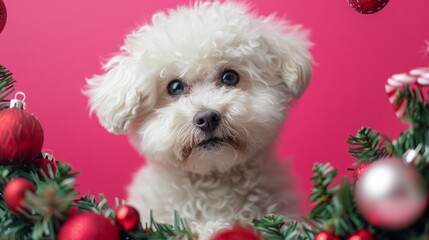  Bichon Frise with garland on pink background