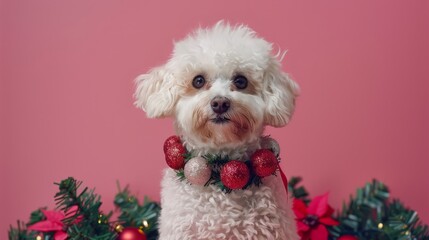  Bichon Frise with garland on pink background