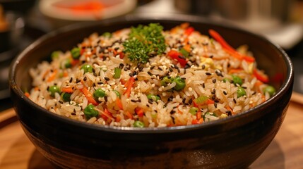 Close-Up of a Bowl of Fried Rice with Sesame Seeds