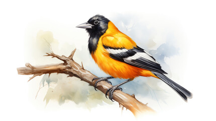Fototapeta premium Watercolor illustration of a Baltimore oriole perched on a branch with a blurred background.