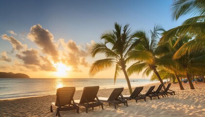 Naklejka premium Serene sunrise on beach with palm trees and chair, idyllic tropical scene