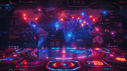 Futuristic command center interface displaying a global network map with glowing nodes and intricate data visualizations