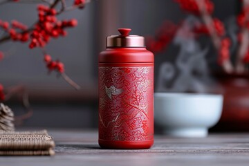 Ornate Red Tea Container with Traditional Design on Elegant Wooden Table