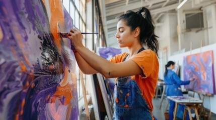 The female artist painting canvas