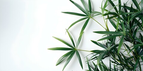 Green plant with elongated leaves on a plain white background. Concept Green Plant, Elongated Leaves, White Background, Botanical Photography