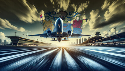 A passenger plane takes flight against a backdrop of the New Jersey flag, symbolizing aviation and international travel