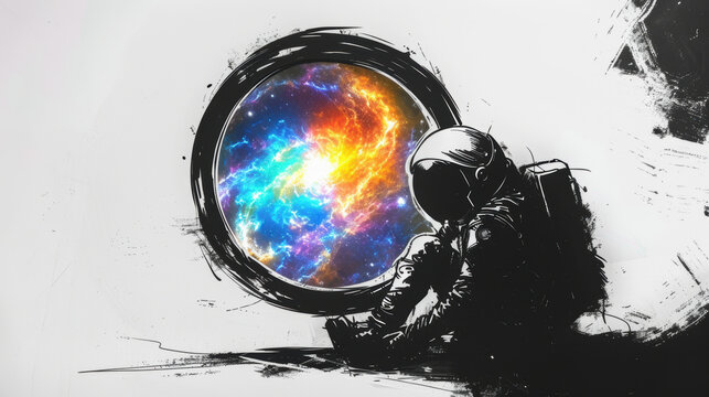 Hand-drawn astronaut gazing out of a spaceship window at a mesmerizing galaxy. Space Exploration Day,  National Astronomy Day, loneliness, feel good about yourself.