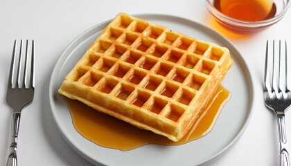 Single waffle with maple syrup on white background, top view from above