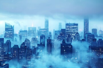 Mysterious foggy cityscape at twilight with illuminated skyscrapers
