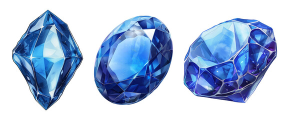 set of isolated blue colored illustration of gemstone diamond crystals