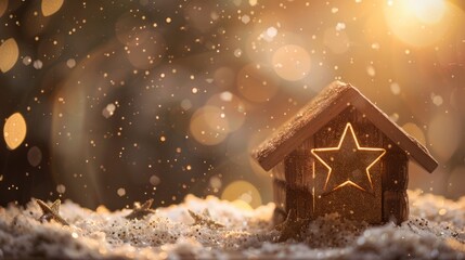 Star shining brightly over stable where Jesus is born