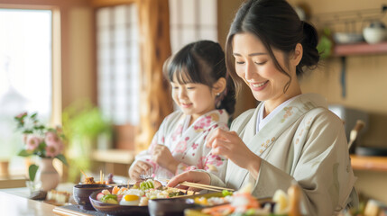 Mother preparing a traditional Japanese breakfast, Families in Japan, routines, living freely, happy families, with copy space