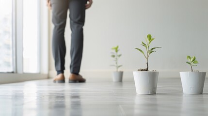 Man in Office Corridor with Potted Plants on Floor During Morning