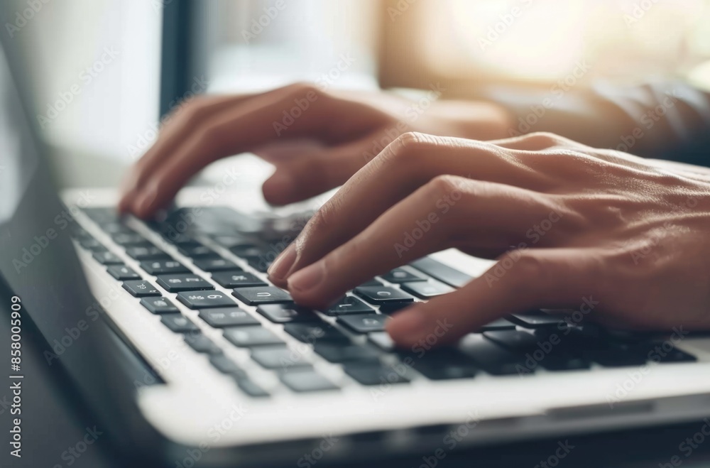 Poster closeup image of hands typing on a laptop keyboard with ambient lighting, illustrating computer work