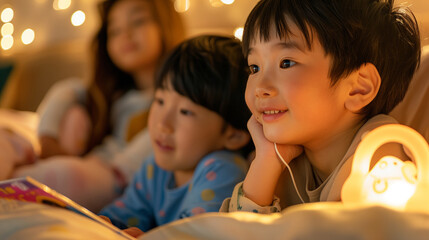 Children listening to a bedtime story with a nightlight, Families in Japan, routines, living freely, happy families, with copy space