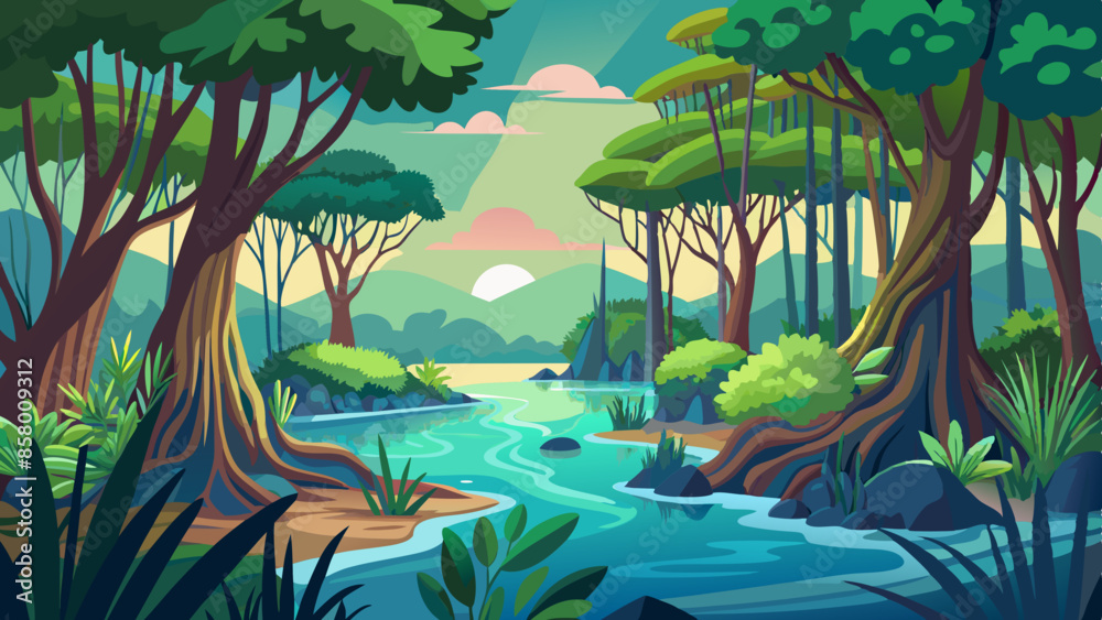 Poster mangrove forest landscape vector illustration