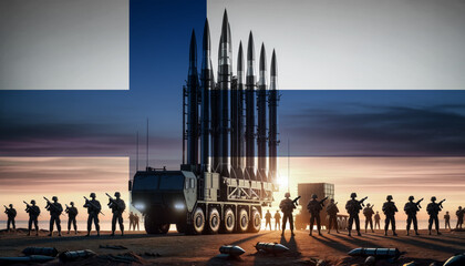 Silhouetted soldiers stand ready as a missile launcher stands tall against the backdrop of the Finland flag, representing national defense and security