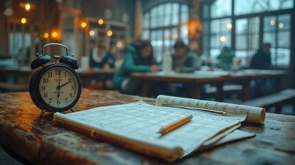 A vintage-style study scene with a classic alarm clock, a pencil, and a notepad set on an aged...