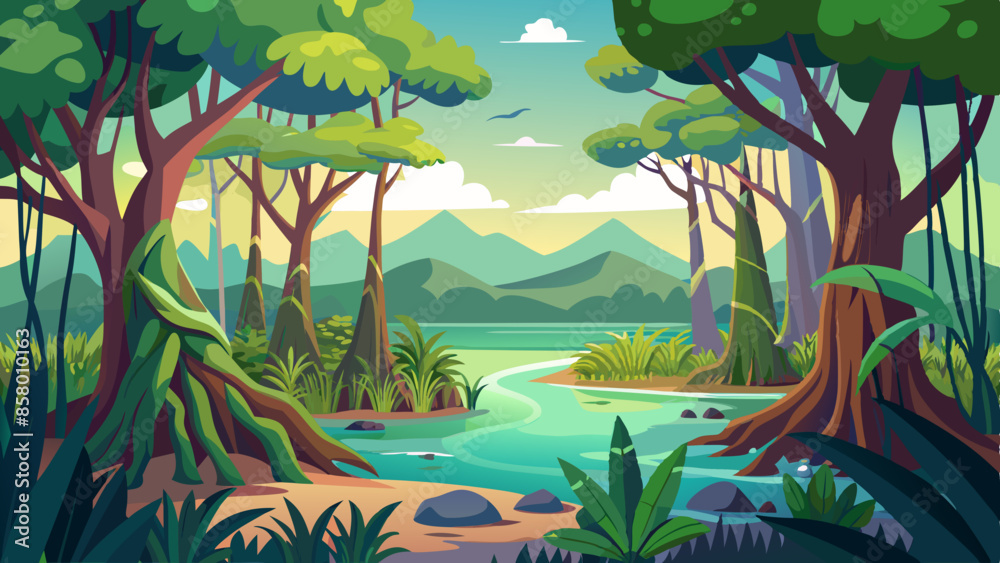 Poster mangrove forest landscape vector illustration