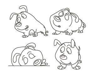 Set of drawn contour funny comical dogs. Design for coloring, sketch, vector