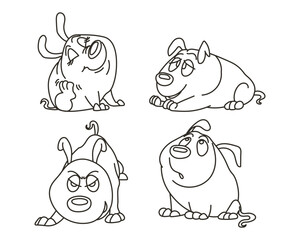 Set of drawn contour funny comical dogs. Design for coloring, sketch, vector