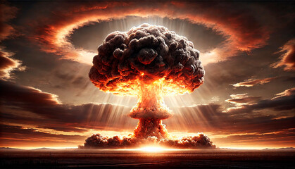 Massive nuclear explosion with a dramatic mushroom cloud at sunset