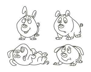 Set of drawn contour funny comical dogs. Design for coloring, sketch, vector