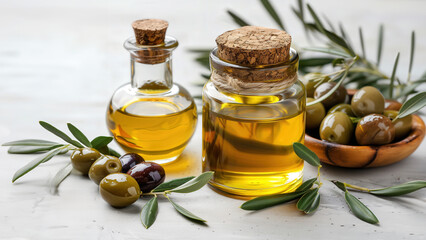 Jars natural cream olive oil, herbs surrounded olives, leaves and small bottle olive oil, flat lay