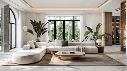 Naklejka premium Modern Living Room with Sectional Sofa and Large Windows