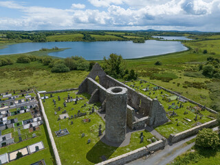 drumlane abbey and round tower ruins, county cavan, ireland